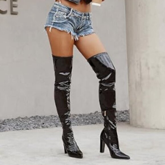 NEW WSKEISP HEELED OVER THE KNEE BOOTS PATENT LEATHER PU CHUNKY BLOCK HEEL (Flaw - Picture 1 of 16
